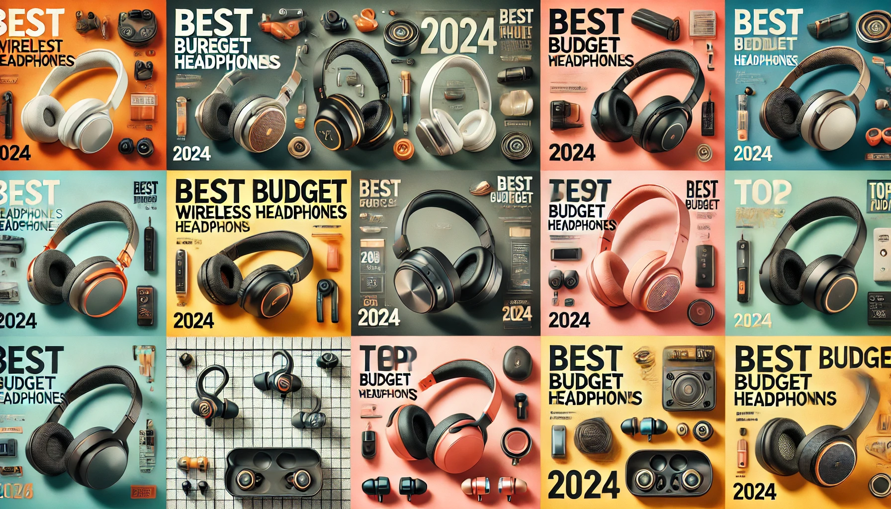 A collage of the best wireless headphones of 2024 featuring models like the Sony WH-1000XM5, Bose QuietComfort 45, Apple AirPods Max, and Sennheiser Momentum 4. Each headphone is displayed with sleek designs, showcasing a mix of over-ear and in-ear styles, highlighting premium sound quality, noise cancellation, and smart features.