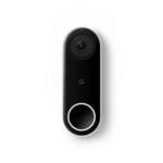 Google Nest Doorbell with a modern white and black design, mounted beside a front door, capturing a clear HD video of a visitor. The smart doorbell features motion detection and two-way audio, highlighting its integration with Google Assistant for enhanced smart home security.