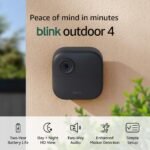 Blink Outdoor 4 wireless security camera with a compact black design, mounted on an exterior wall, capturing HD video footage of a backyard. The camera emphasizes its weather-resistant build and long battery life, along with integration with Alexa for voice control and smart home security monitoring.