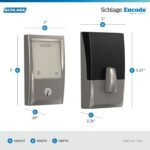 Schlage Encode Smart Wi-Fi Deadbolt with a sleek satin nickel finish, installed on a front door, featuring a touch keypad for keyless entry. The smart lock emphasizes built-in Wi-Fi for remote access, along with compatibility with Alexa and Google Assistant for voice control and enhanced home security.