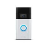 Ring Video Doorbell with a sleek silver design mounted next to a front door, capturing clear HD video of a visitor. The device features a built-in camera, motion detection, and two-way audio, highlighting its compatibility with Alexa for voice control and smart home security.