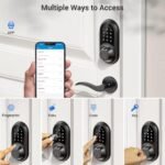 Veise Smart Lock with a sleek black design and touchscreen keypad, installed on a modern front door, showcasing keyless entry and advanced security features. The smart lock emphasizes remote access via smartphone and compatibility with Alexa and Google Assistant for enhanced home security.