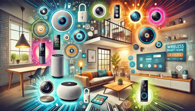 A vibrant and modern collage of various wireless smart home devices, such as smart speakers, smart thermostats, smart lights, smart locks, video doorb Collage of the best wireless smart home devices including smart speakers, thermostats, lights, locks, video doorbells, and security cameras to transform your living space.