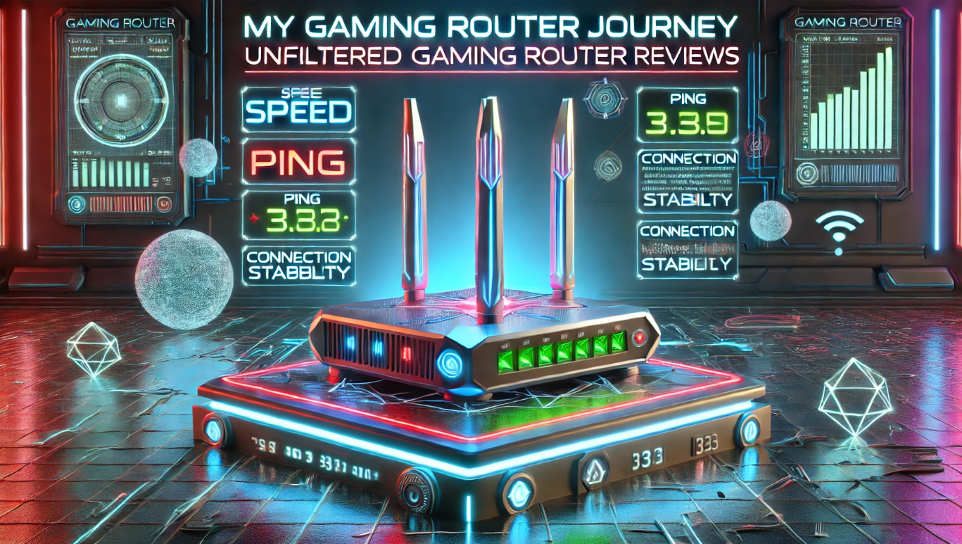 Futuristic sci-fi 3D illustration of a gaming router displaying performance metrics such as speed, ping, and connection stability, with a color scheme inspired by gaming aesthetics (neon blue, red, and green)