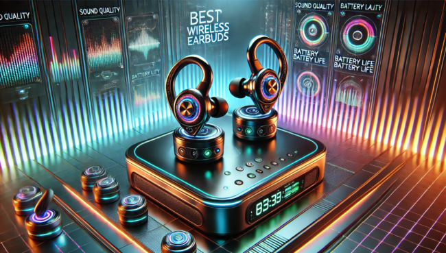 Best Wireless Earbuds for Music Aficionados Futuristic Sci-Fi 3D Illustration Futuristic sci-fi 3D illustration of wireless earbuds with a digital display showing features such as sound quality, battery life, and noise cancellation, with metallic and neon accents for a premium audio experience