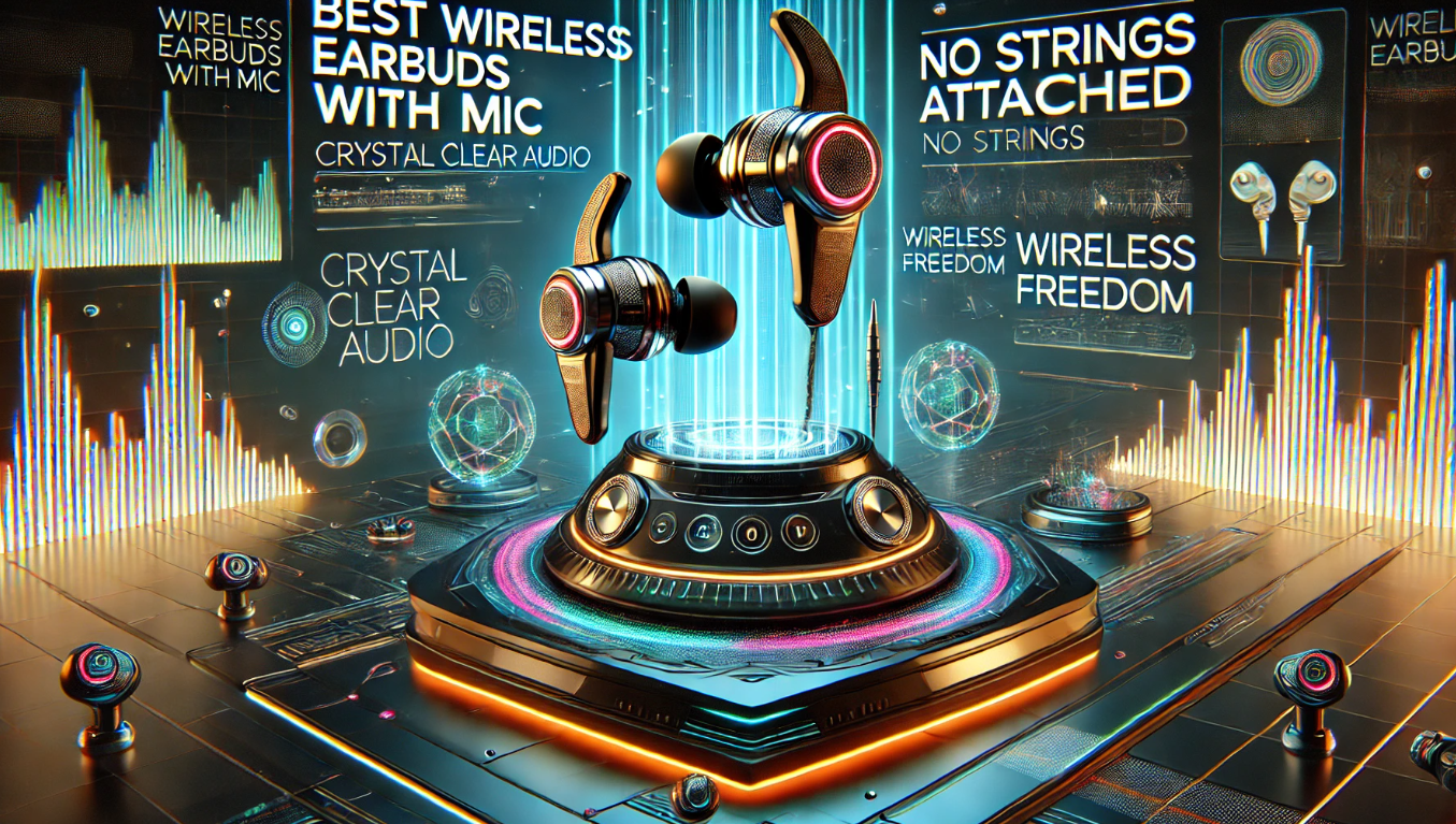 Futuristic sci-fi 3D illustration of wireless earbuds with a built-in microphone, featuring text indicating features such as crystal clear audio, built-in mic, and wireless freedom, with metallic and neon accents