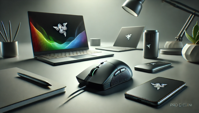 3D image of a desk setup with the Razer Pro Click Mini mouse, laptop, and smartphone, with title text 'My Ultimate Razer Pro Click Mini Review: Worth the Hype?