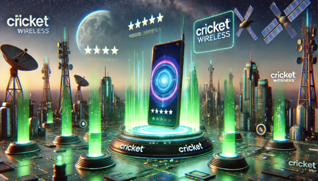 Futuristic 3D sci-fi illustration of a Cricket Wireless review featuring a modern smartphone, holographic screens with positive feedback, and a glowing cityscape representing strong signal coverage.