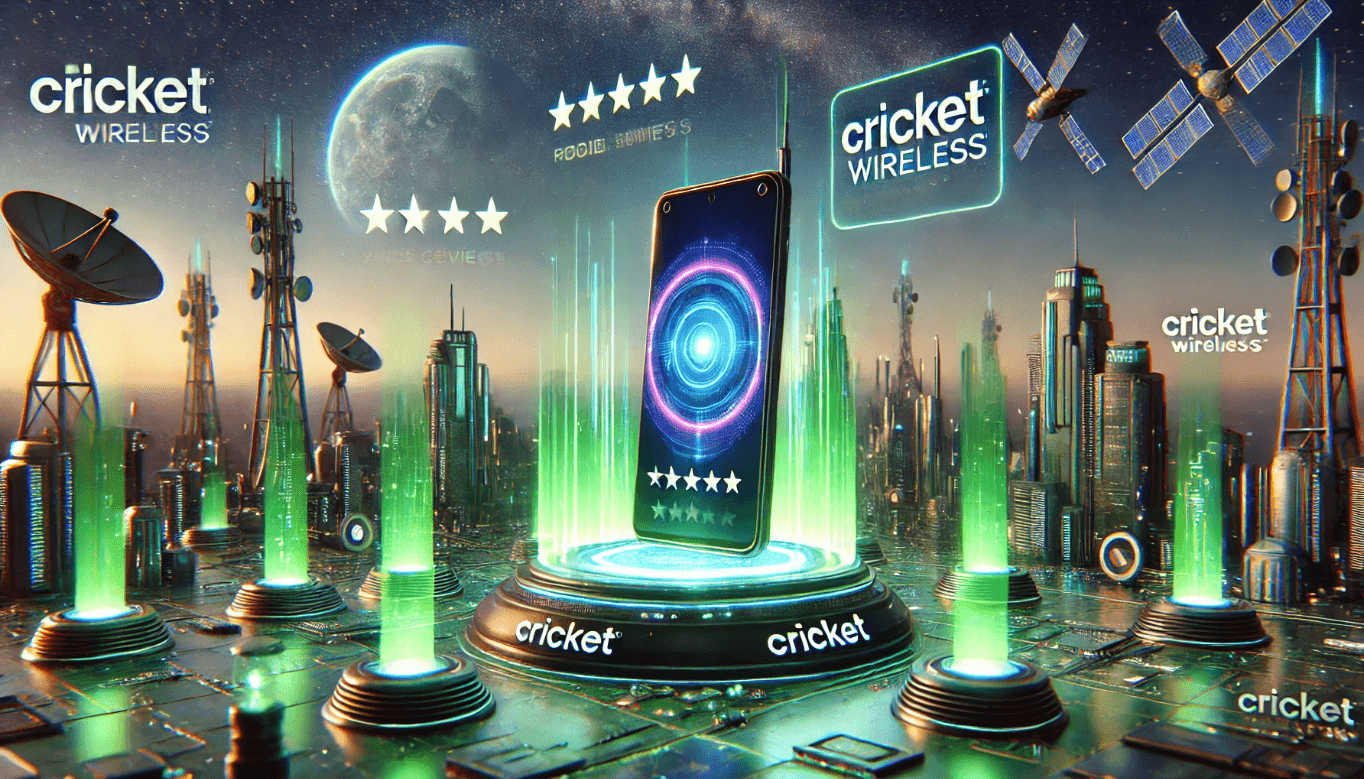 Cricket Wireless Review: 3D Futuristic Sci-Fi Concept with Strong Signal and Holographic Screens Futuristic 3D sci-fi illustration of a Cricket Wireless review featuring a modern smartphone, holographic screens with positive feedback, and a glowing cityscape representing strong signal coverage.