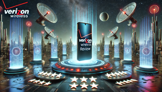 Futuristic 3D sci-fi illustration of a Verizon Wireless review featuring a sleek smartphone, holographic review screens, and a glowing cityscape with satellites and signal towers representing strong connectivity.