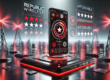 Futuristic 3D sci-fi illustration of a Republic Wireless review featuring a sleek smartphone, holographic ratings, and red digital signals representing strong coverage in a high-tech cityscape.