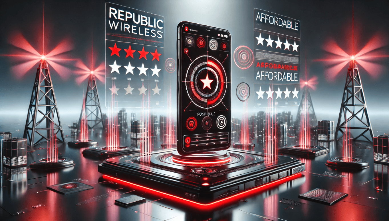 Republic Wireless Review: 3D Sci-Fi Illustration with Strong Coverage and Affordable Plans Futuristic 3D sci-fi illustration of a Republic Wireless review featuring a sleek smartphone, holographic ratings, and red digital signals representing strong coverage in a high-tech cityscape.