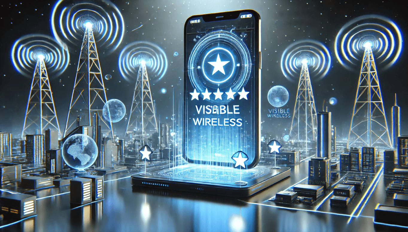 Visible Wireless Review: 3D Futuristic Sci-Fi Design Highlighting Affordable Coverage Futuristic 3D sci-fi illustration of a Visible Wireless review, featuring a smartphone, holographic review screens, and a high-tech cityscape with blue and white signals representing reliable and affordable wireless coverage.