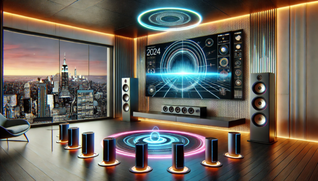 Futuristic Wireless Home Theater System Setup in 2024 Futuristic living room with wireless home theater system, floating speakers, ultra-thin screen, neon accents, and cityscape view, showcasing the best wireless surround sound setup of 2024.