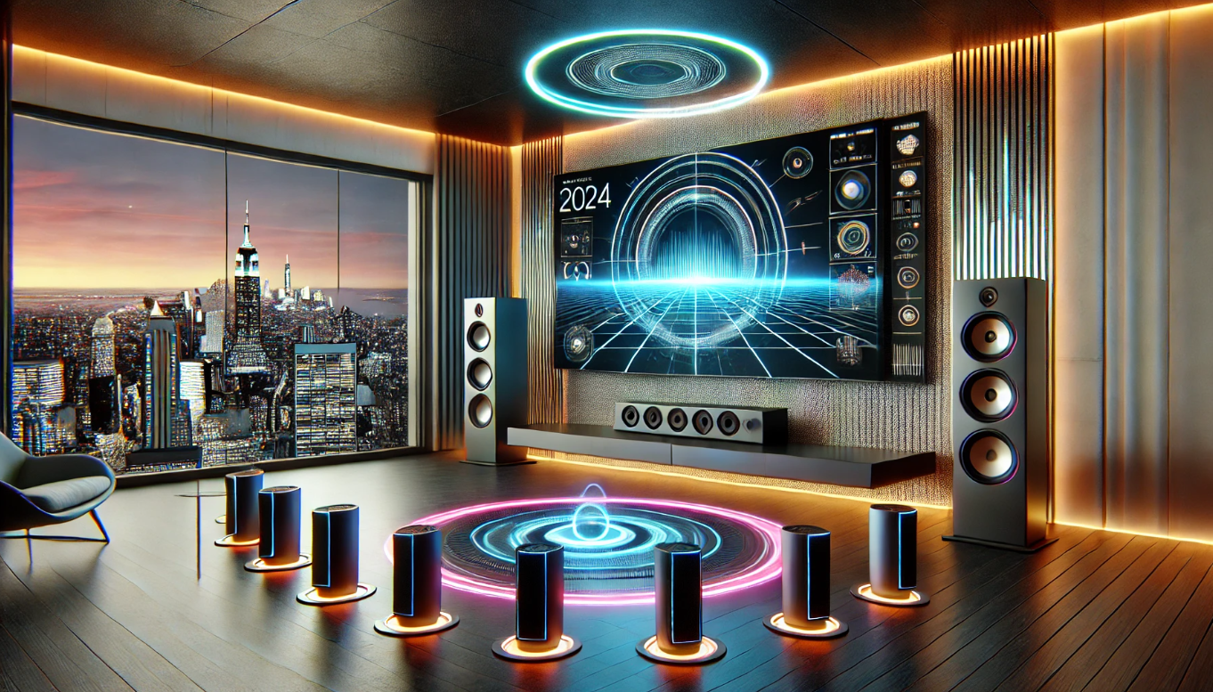 Futuristic living room with wireless home theater system, floating speakers, ultra-thin screen, neon accents, and cityscape view, showcasing the best wireless surround sound setup of 2024.