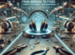 Sci-fi themed illustration of headphones undergoing a futuristic repair process with robotic arms and holographic displays in a sleek, high-tech workshop.