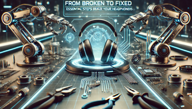 From Broken to Fixed: Essential Steps to Repair Your Headphones – Sci-Fi Themed Sci-fi themed illustration of headphones undergoing a futuristic repair process with robotic arms and holographic displays in a sleek, high-tech workshop.