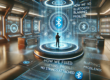 Futuristic sci-fi illustration of a high-tech environment where a person uses a holographic interface to fix Bluetooth pairing problems, surrounded by neon lights and advanced technology.