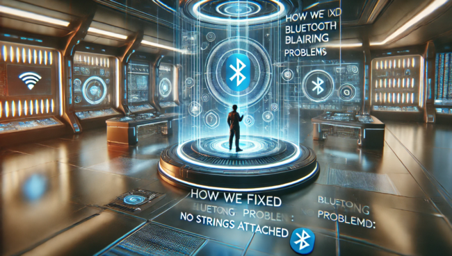 How We Fixed Bluetooth Pairing Problems: No Strings Attached – Futuristic Sci-Fi Illustration Futuristic sci-fi illustration of a high-tech environment where a person uses a holographic interface to fix Bluetooth pairing problems, surrounded by neon lights and advanced technology.