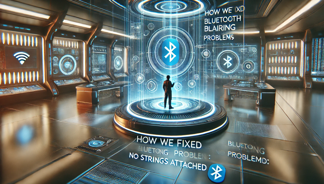 How We Fixed Bluetooth Pairing Problems: No Strings Attached – Futuristic Sci-Fi Illustration Futuristic sci-fi illustration of a high-tech environment where a person uses a holographic interface to fix Bluetooth pairing problems, surrounded by neon lights and advanced technology.