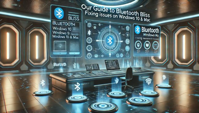 Our Guide to Bluetooth Bliss: Fixing Issues on Windows 10 & Mac – Futuristic Sci-Fi Illustration Futuristic sci-fi illustration showing a high-tech control center with a holographic interface for fixing Bluetooth issues on Windows 10 and Mac, featuring neon lights and advanced technology.