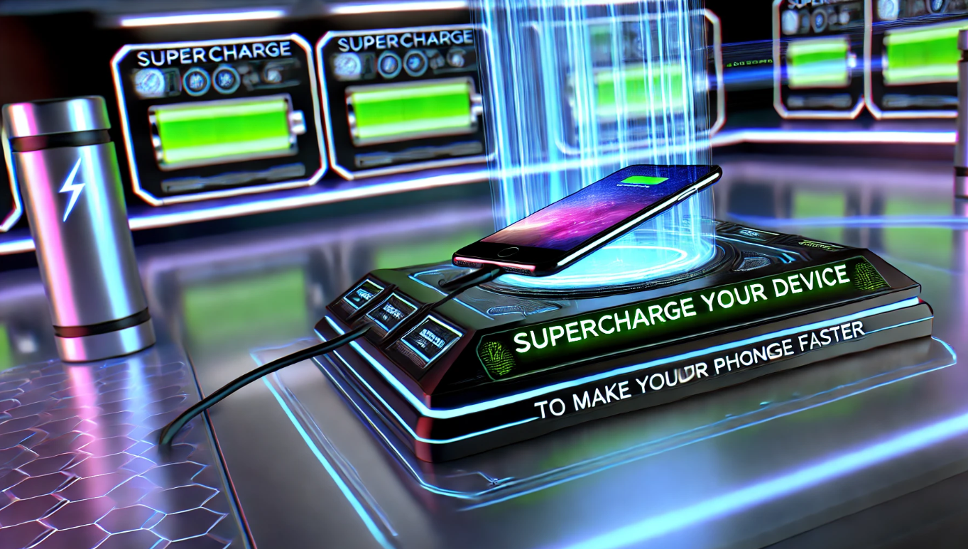 Supercharge Your Device: Tips to Make Your Phone Charge Faster – Futuristic Sci-Fi 3D Illustration Futuristic sci-fi 3D illustration of a high-tech phone charging station with glowing energy beams and holographic displays showing charging speed and energy levels.