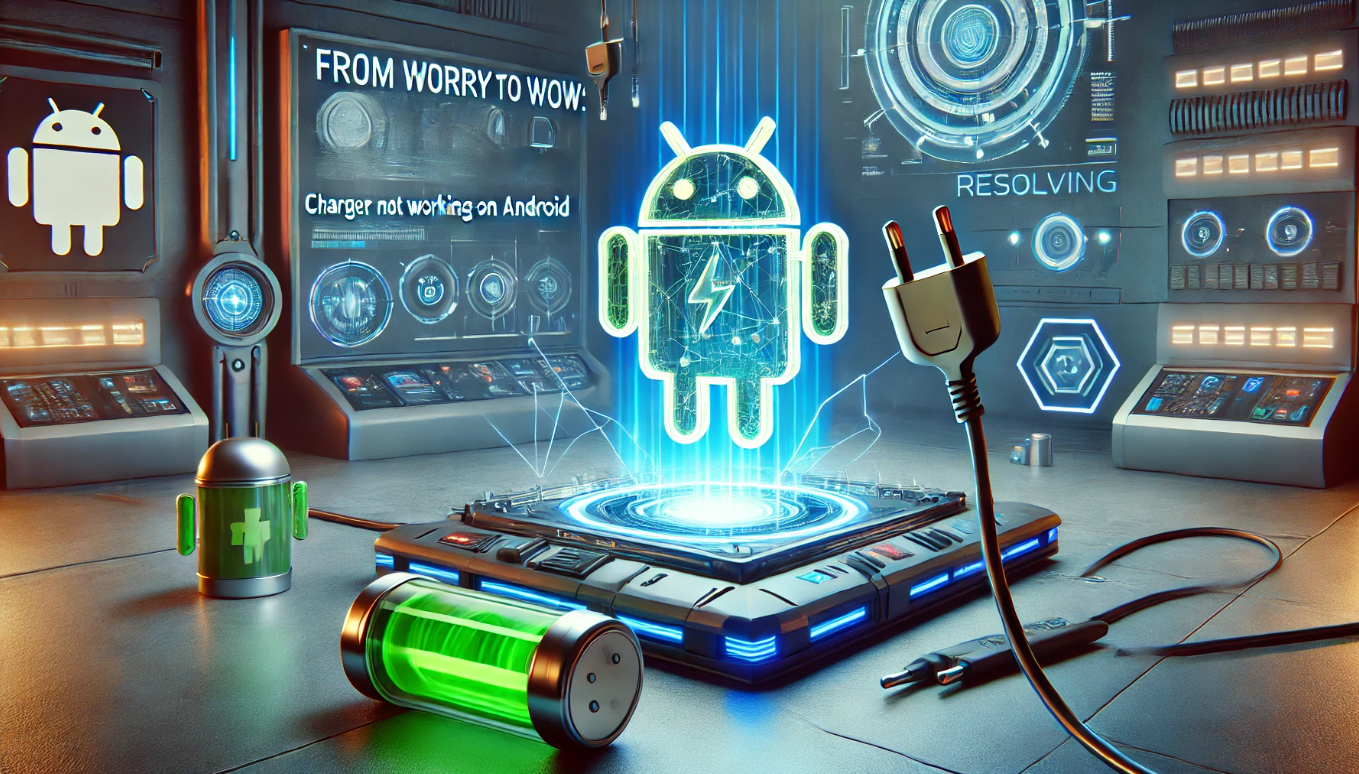 From Worry to Wow Resolving Charger Not Working on Android Futuristic Sci-Fi 3D Illustration Futuristic sci-fi 3D illustration showing a high-tech charging repair station with a holographic Android device and a malfunctioning charger being fixed with glowing energy beams