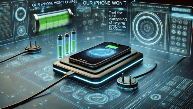 Our iPhone Won’t Charge Tool for Diagnosing Charging Problems Futuristic Sci-Fi 3D Illustration Futuristic sci-fi 3D illustration of a high-tech diagnostic tool analyzing an iPhone on a sleek charging platform with holographic displays showing charging diagnostics and potential issues.