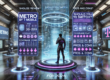 Futuristic sci-fi 3D illustration showing a high-tech digital interface comparing Metro by T-Mobile's mobile plans, with holographic displays showing pros and cons, coverage maps, and data options