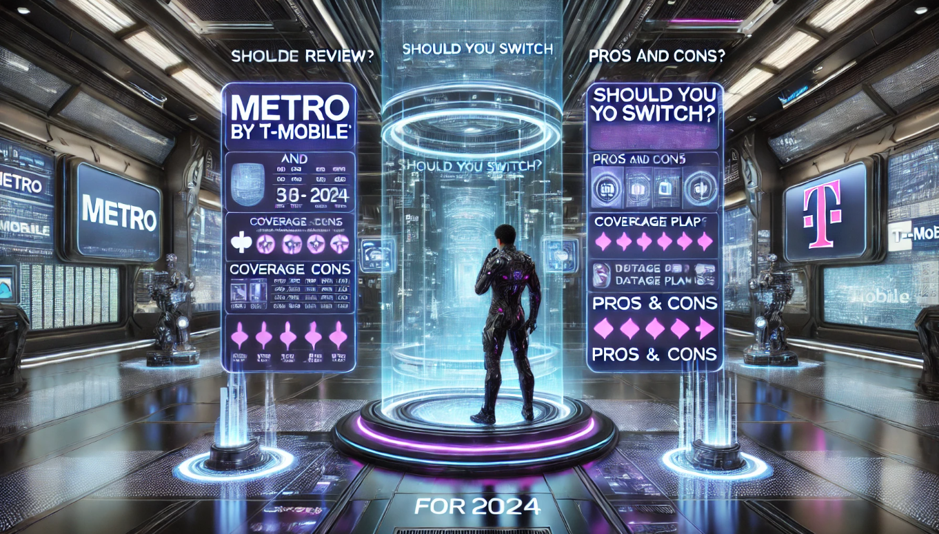 Futuristic sci-fi 3D illustration showing a high-tech digital interface comparing Metro by T-Mobile's mobile plans, with holographic displays showing pros and cons, coverage maps, and data options