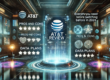Futuristic sci-fi 3D illustration featuring a digital dashboard comparing AT&T mobile plans with holographic displays showing pros and cons, data plans, and network coverage