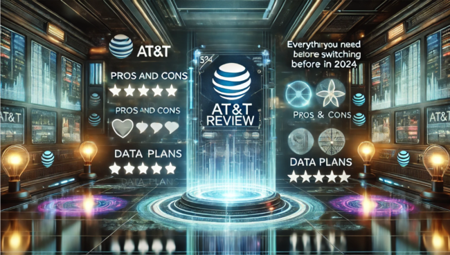 AT&T Review Everything You Need to Know Before Switching in 2024 Futuristic Sci-Fi 3D Illustration Futuristic sci-fi 3D illustration featuring a digital dashboard comparing AT&T mobile plans with holographic displays showing pros and cons, data plans, and network coverage