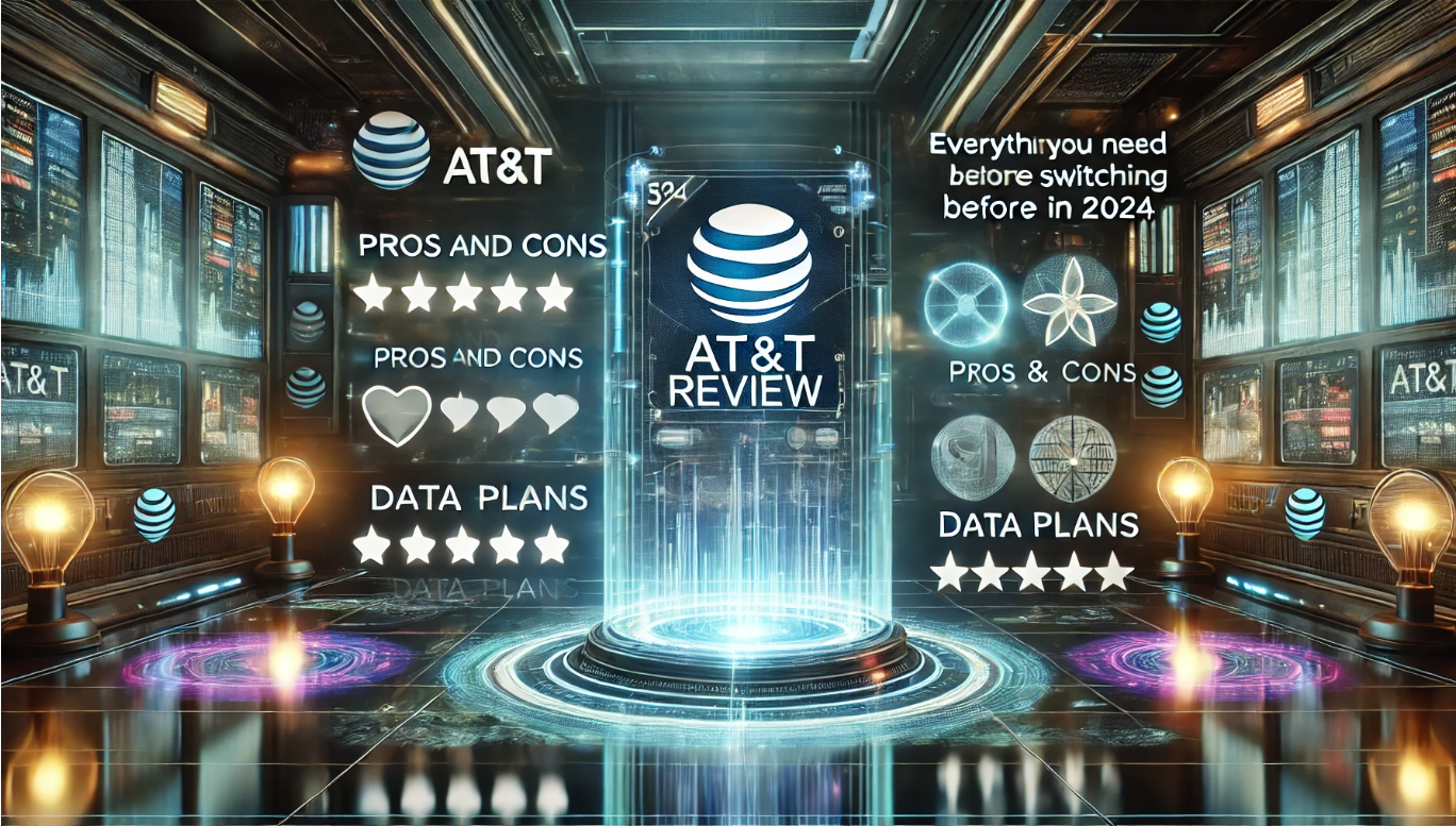 AT&T Review Everything You Need to Know Before Switching in 2024 Futuristic Sci-Fi 3D Illustration Futuristic sci-fi 3D illustration featuring a digital dashboard comparing AT&T mobile plans with holographic displays showing pros and cons, data plans, and network coverage