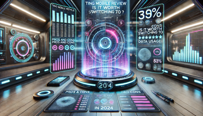 Ting Mobile Review Is It Worth Switching to in 2024 Futuristic Sci-Fi 3D Illustration Futuristic sci-fi 3D illustration showing a high-tech digital dashboard comparing Ting Mobile plans, with holographic displays showing pros and cons, data usage, and coverage maps