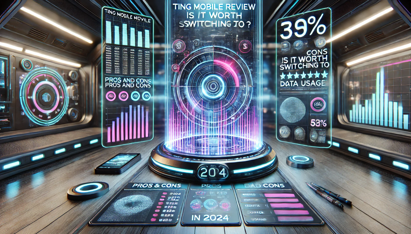Ting Mobile Review Is It Worth Switching to in 2024 Futuristic Sci-Fi 3D Illustration Futuristic sci-fi 3D illustration showing a high-tech digital dashboard comparing Ting Mobile plans, with holographic displays showing pros and cons, data usage, and coverage maps