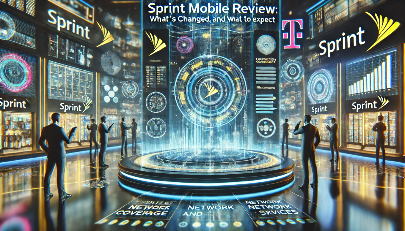Sprint review, futuristic sci-fi 3D illustration featuring a digital interface showing changes in Sprint's mobile plans, network coverage, and services after integration with T-Mobile, displayed in a high-tech environment