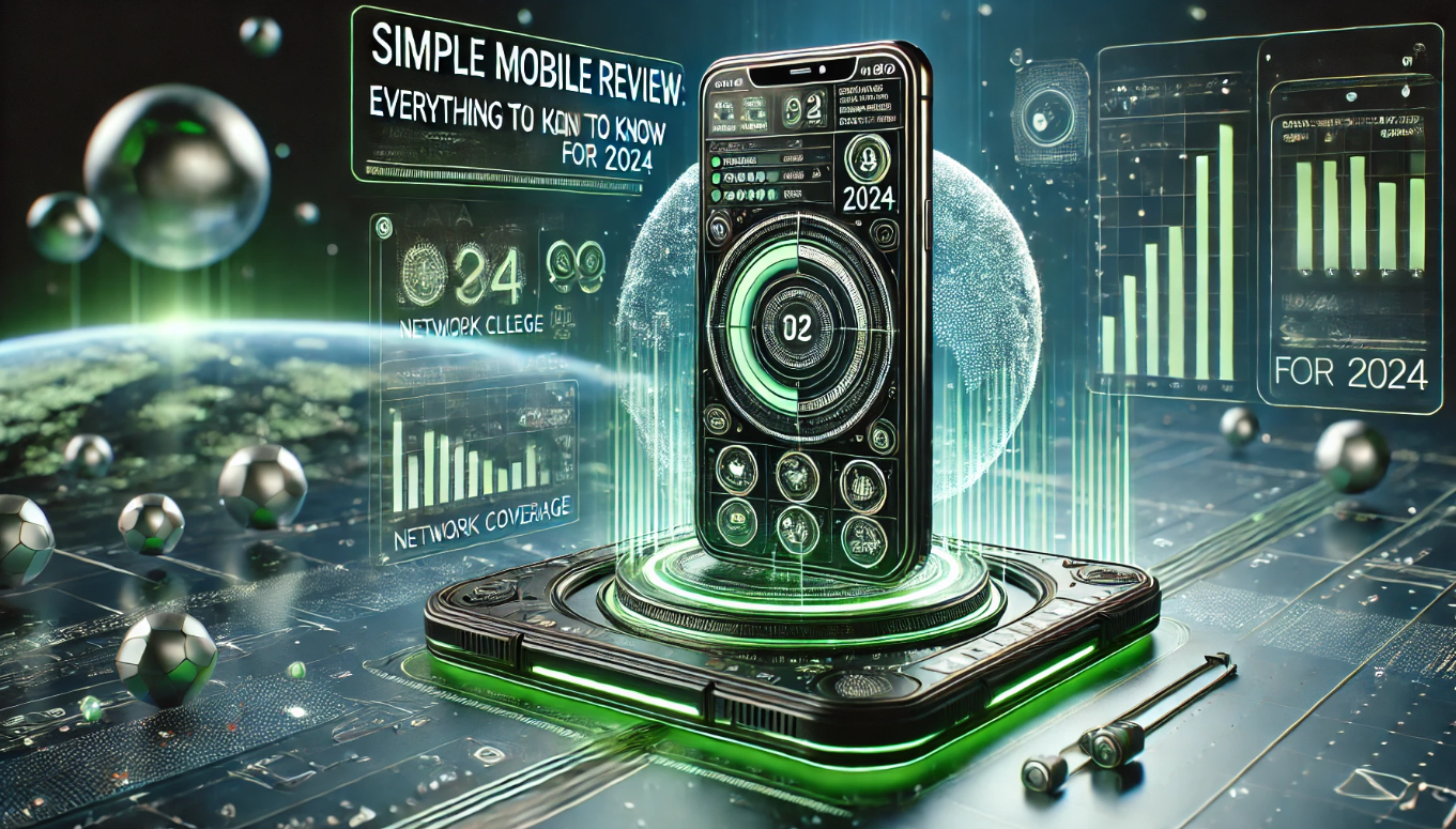 Futuristic sci-fi 3D illustration featuring a smartphone displaying mobile service details like data plans, network coverage, and customer benefits, surrounded by holographic elements in a green and black color scheme