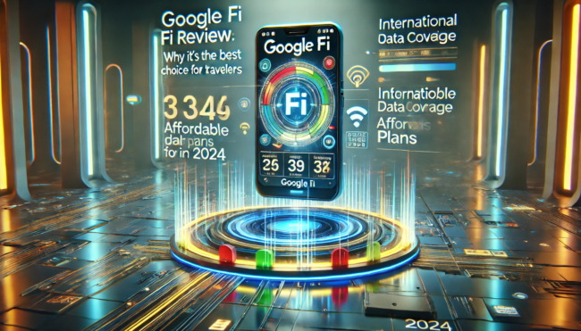 Futuristic sci-fi 3D illustration of a smartphone displaying Google Fi's mobile service details, including international data coverage and affordable plans, with a color scheme inspired by Google Fi's brand colors