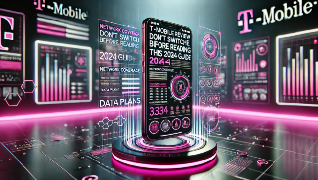 Futuristic sci-fi 3D illustration of a smartphone displaying T-Mobile service details like network coverage, data plans, and customer benefits, with a color scheme inspired by T-Mobile's brand colors (magenta, black, and white)