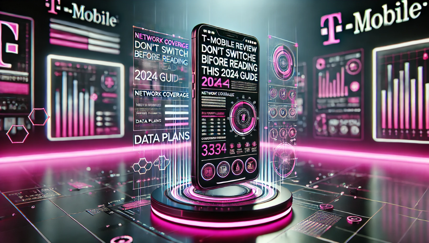 T-Mobile Review Don’t Switch Before Reading This 2024 Guide Futuristic Sci-Fi 3D Smartphone Illustration Futuristic sci-fi 3D illustration of a smartphone displaying T-Mobile service details like network coverage, data plans, and customer benefits, with a color scheme inspired by T-Mobile's brand colors (magenta, black, and white)