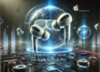 Futuristic 3D image of Apple AirPods Pro in a high-tech digital setting, featuring neon lights, floating particles, and holographic effects to represent advanced audio technology.