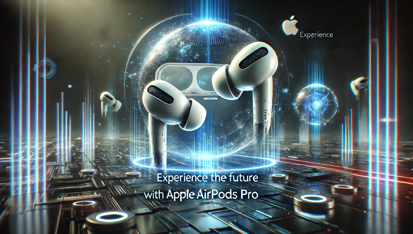 Futuristic 3D image of Apple AirPods Pro in a high-tech digital setting, featuring neon lights, floating particles, and holographic effects to represent advanced audio technology.