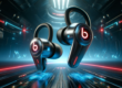 A high-tech 3D image of Beats Fit Pro earbuds in a sci-fi futuristic setting, featuring glowing blue and red accents, and the Beats logo subtly integrated. Active Noise Cancellation (ANC) and Spatial Audio are depicted as advanced waveforms surrounding the earbuds. Sci-fi futuristic 3D image of Beats Fit Pro earbuds, featuring blue and red glowing lights, ANC, and Spatial Audio waveforms in a sleek metallic setting.