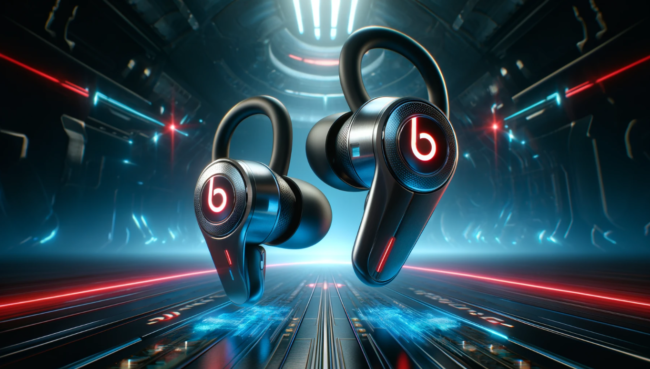 Futuristic 3D Beats Fit Pro Earbuds with Sci-Fi Design A high-tech 3D image of Beats Fit Pro earbuds in a sci-fi futuristic setting, featuring glowing blue and red accents, and the Beats logo subtly integrated. Active Noise Cancellation (ANC) and Spatial Audio are depicted as advanced waveforms surrounding the earbuds. Sci-fi futuristic 3D image of Beats Fit Pro earbuds, featuring blue and red glowing lights, ANC, and Spatial Audio waveforms in a sleek metallic setting.