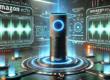 Futuristic 3D image of the Amazon Echo Studio in a sci-fi environment, featuring a high-tech design with glowing blue accents and holographic displays.