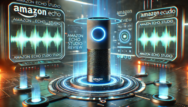 Amazon Echo Studio Review – Futuristic 3D Sci-Fi Design Futuristic 3D image of the Amazon Echo Studio in a sci-fi environment, featuring a high-tech design with glowing blue accents and holographic displays.