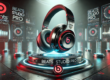 Futuristic 3D image of Beats Studio Pro headphones in a sci-fi setting with a holographic platform, neon lighting, and the Beats logo.