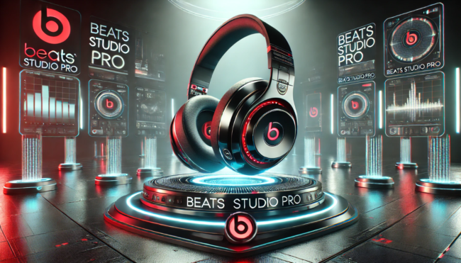 Beats Studio Pro Review: Futuristic Design & Advanced Sound Tech Futuristic 3D image of Beats Studio Pro headphones in a sci-fi setting with a holographic platform, neon lighting, and the Beats logo.