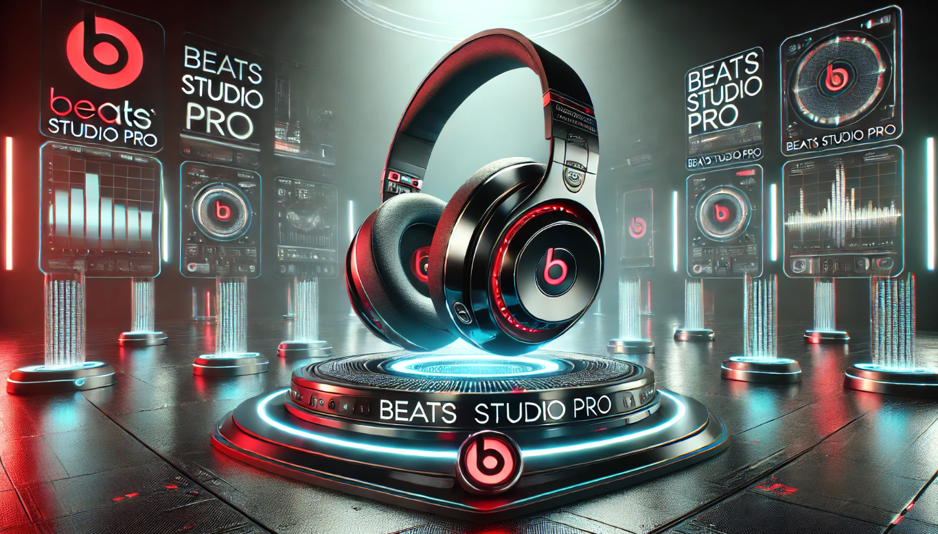Futuristic 3D image of Beats Studio Pro headphones in a sci-fi setting with a holographic platform, neon lighting, and the Beats logo.