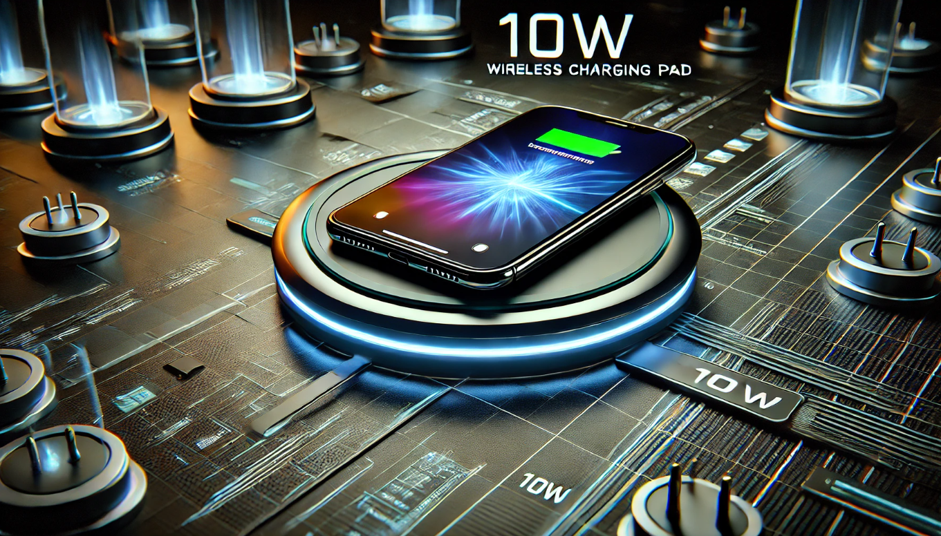 Futuristic 3D image of a 10W wireless charging pad with a glowing smartphone, featuring neon lights and a high-tech background emphasizing fast charging.